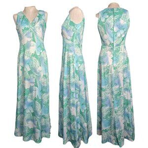 Vintage 70s Hal Ferman Floral Print Sleeveless V Neck A Line Maxi Dress size S/M